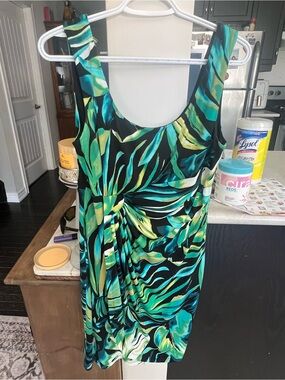 Sleeveless Tropical Leaf Print Sheath Dress in Aqua & Black